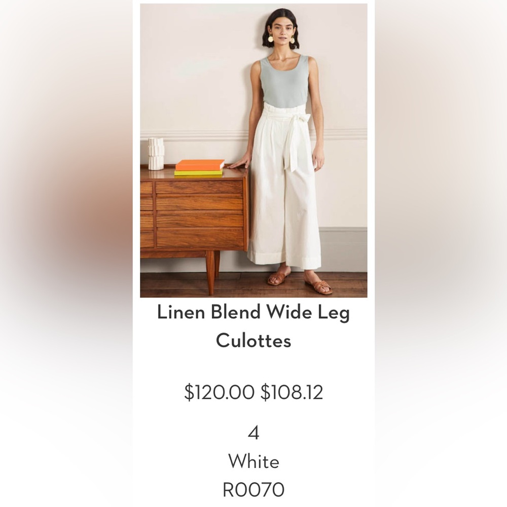 BODEN NWT Size 4 Wide Leg Linen Blend Trouser Pant - Ivory color - cute belt tie